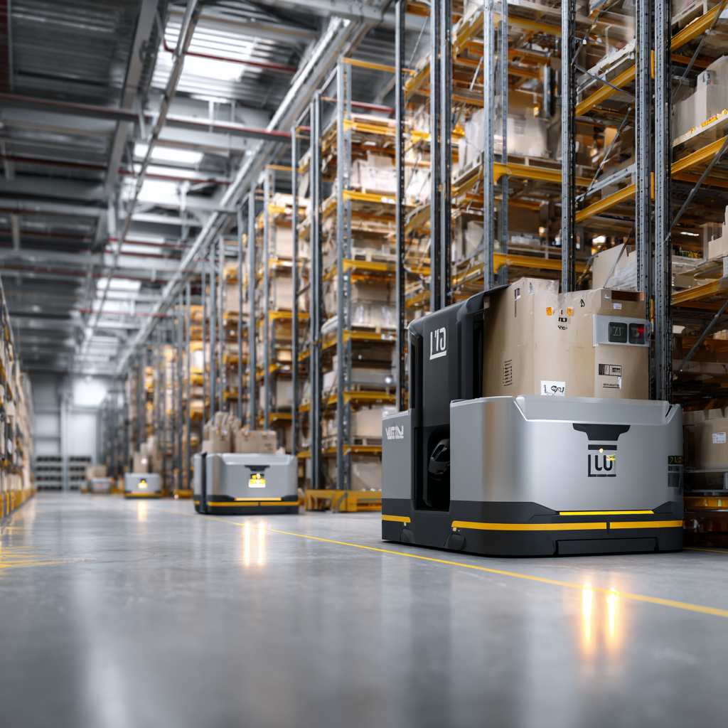 Yellow AGV's and AMR's in an automated warehouse