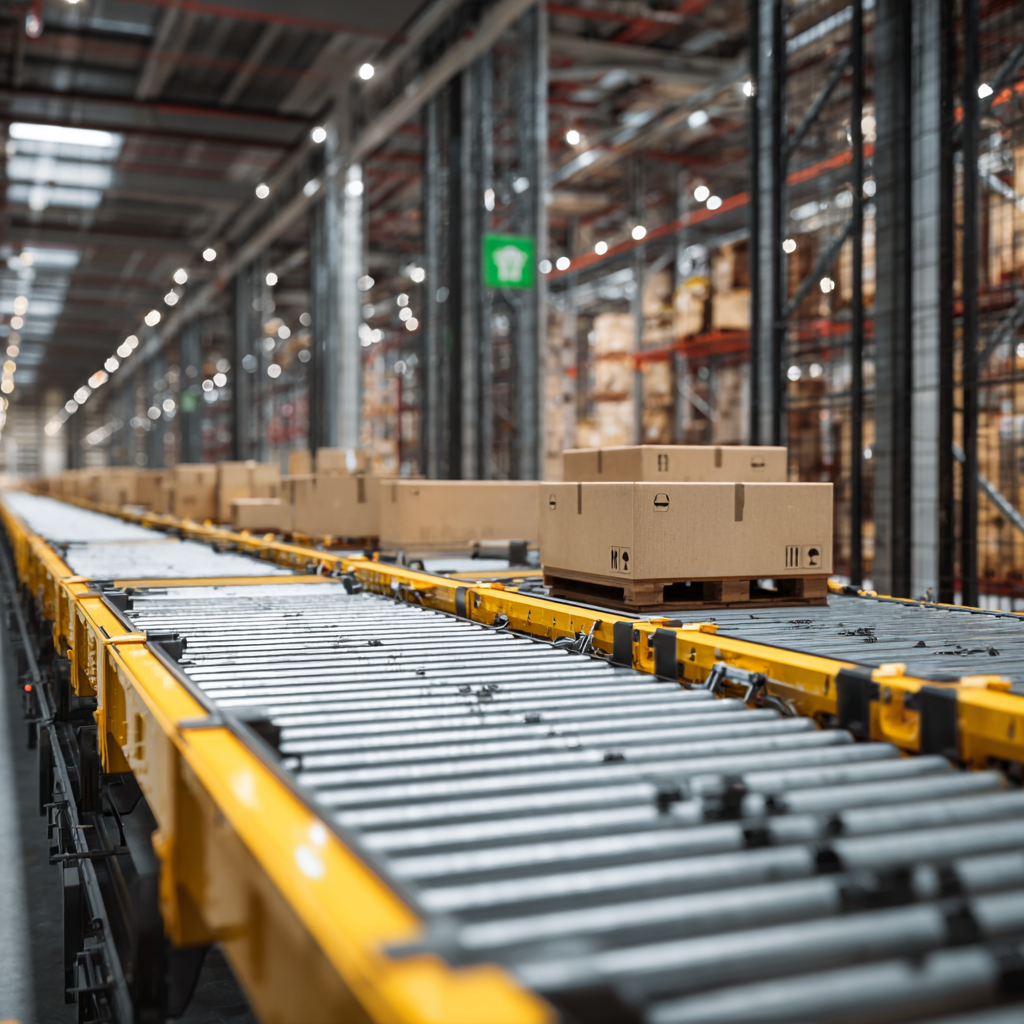 Yellow motorised rollers in an automated warehouse